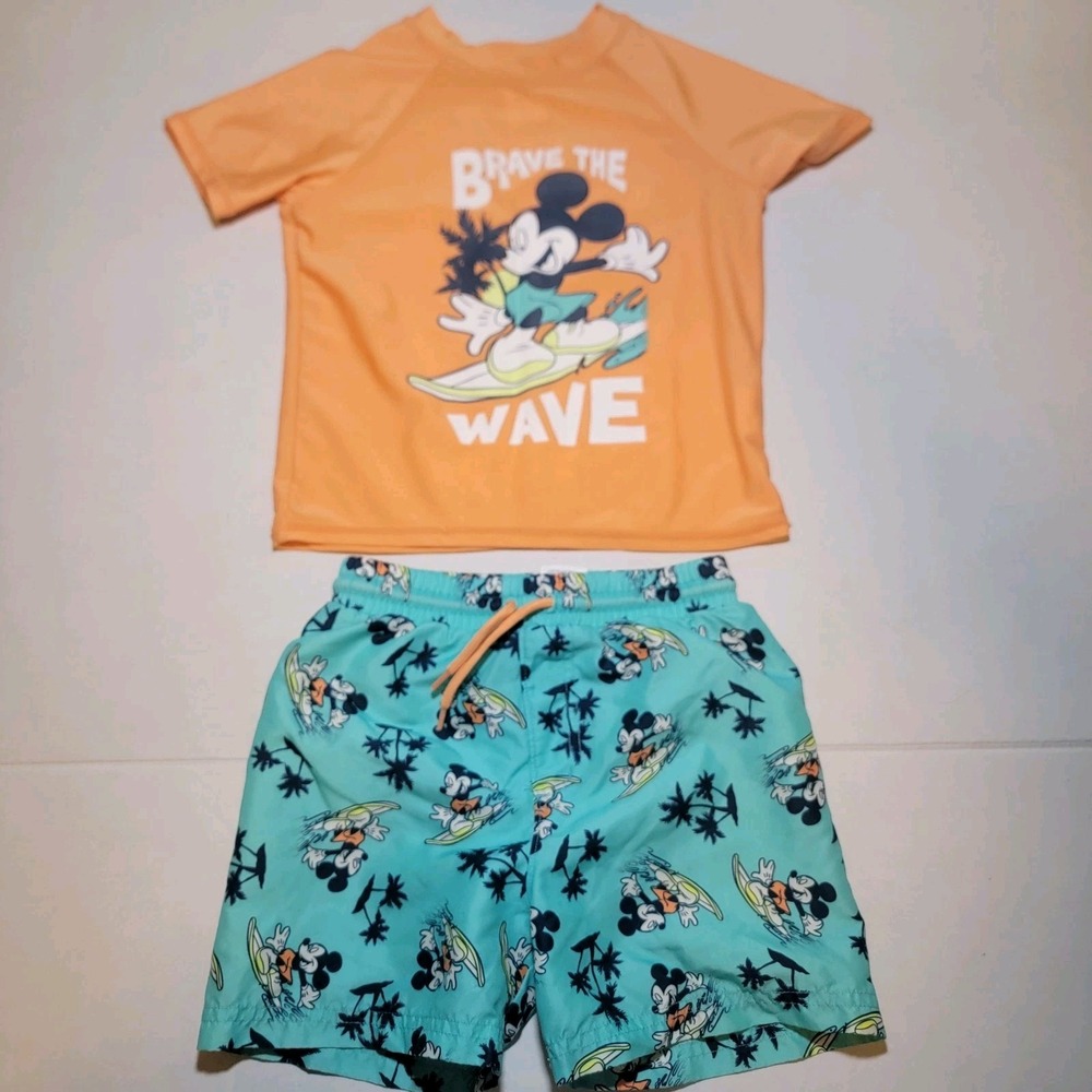 Disney Mickey Mouse Surfing Boys Swimsuit Set 4T Shirt & Shorts Blue Orange
